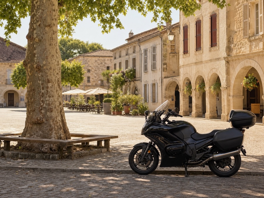 Moto de tourisme sur la place de Marciac, étape motarde dans le Gers